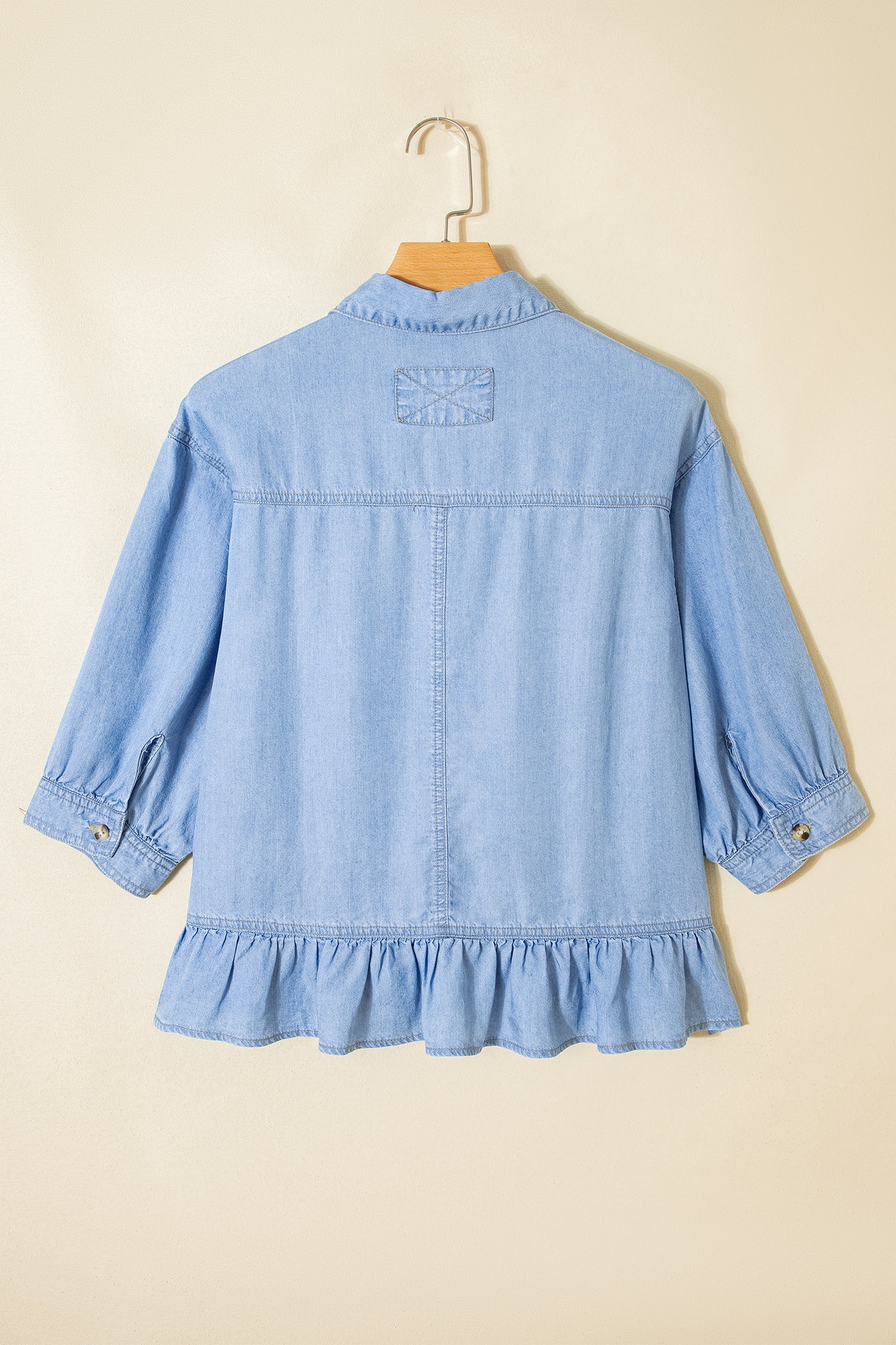 Beau Blue Half Sleeve Button Down Ruffled High Low Chambray Shirt