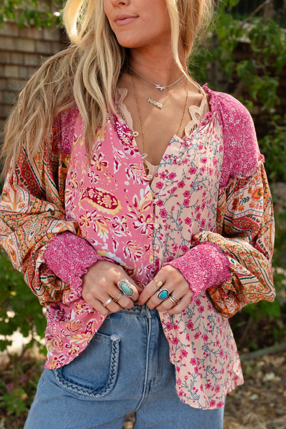 Pink Mixed Floral Printed Lantern Sleeve V-Neck Blouse