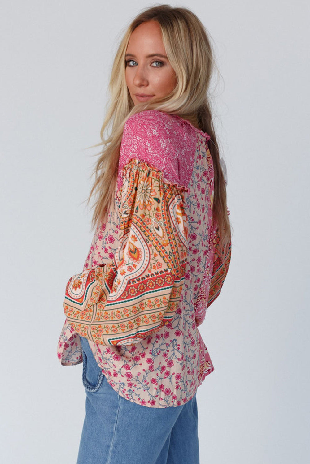 Pink Mixed Floral Printed Lantern Sleeve V-Neck Blouse